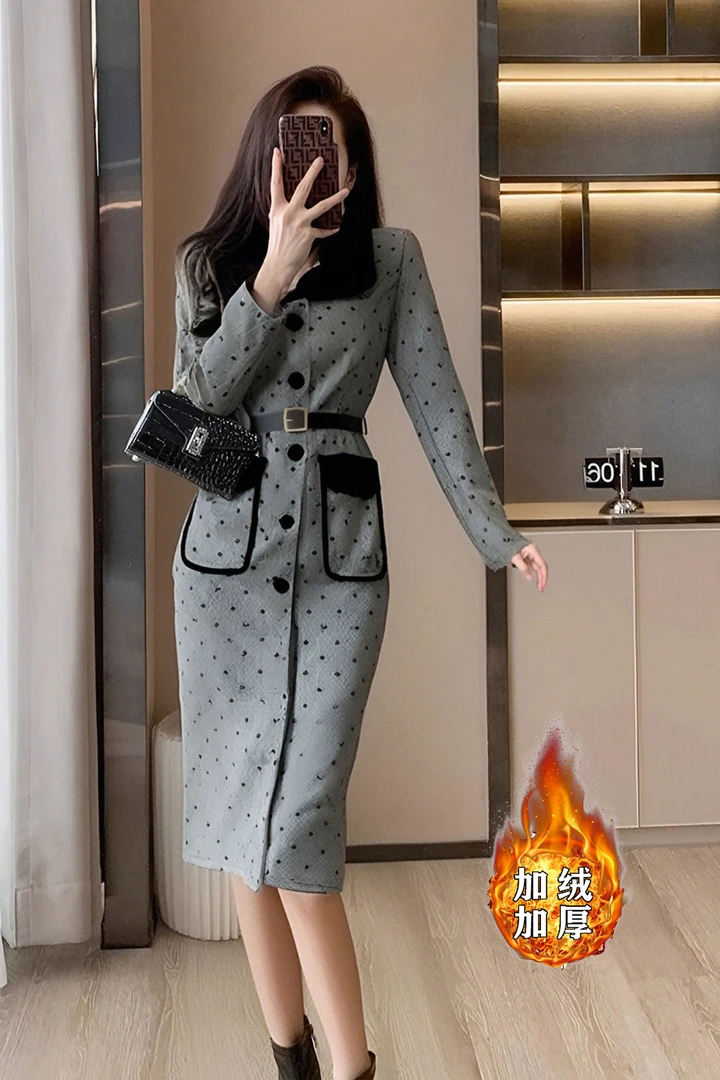 【加绒加厚】波点西装连衣裙女2025冬新款时尚内搭优雅女装裙子2729