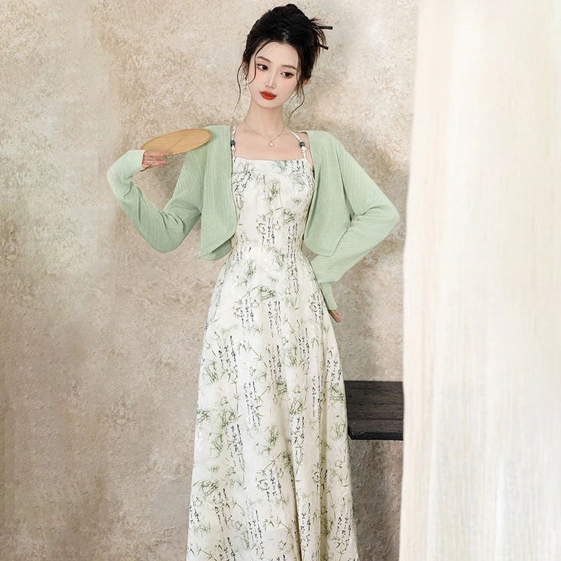 【两件套】【有里布】吊带连衣裙2025夏新款高腰a字长裙1469