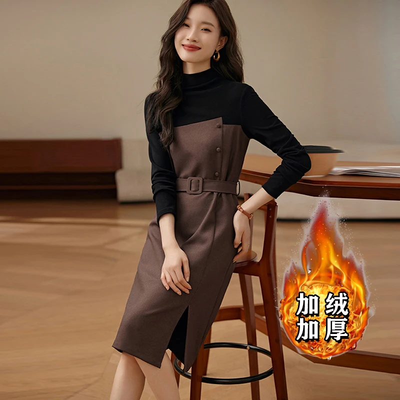 加绒加厚假两件长袖时尚打底撞色修身简约开叉收腰长袖6289