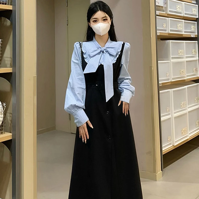 法式优雅气质连衣裙复古收腰假两件蝴蝶结拼接设计长袖裙子2166