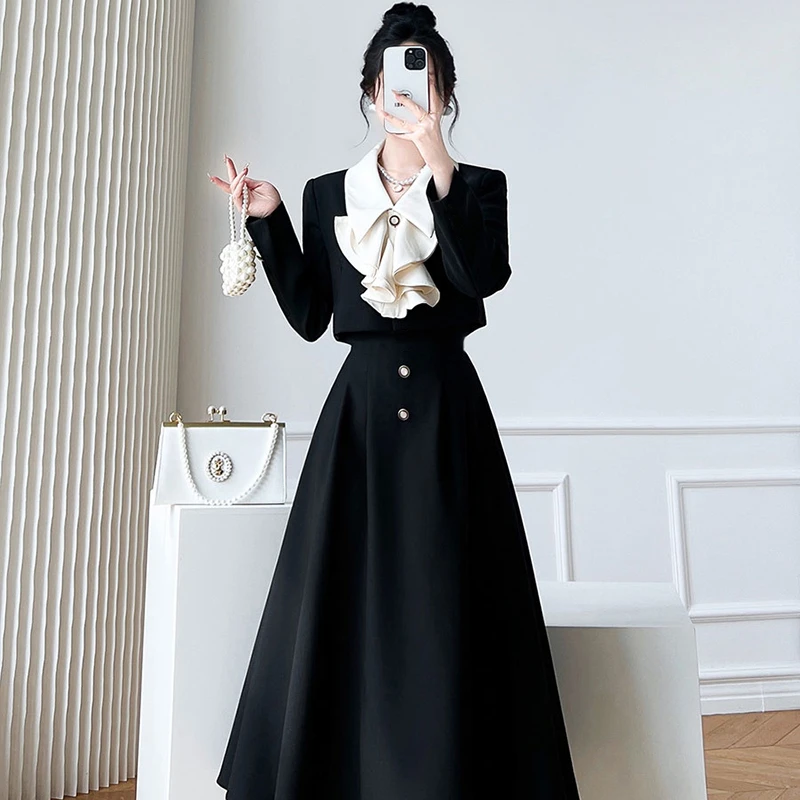 【两件套】小香风套装新款气质名媛黑色翻领半身裙子两件套女1809