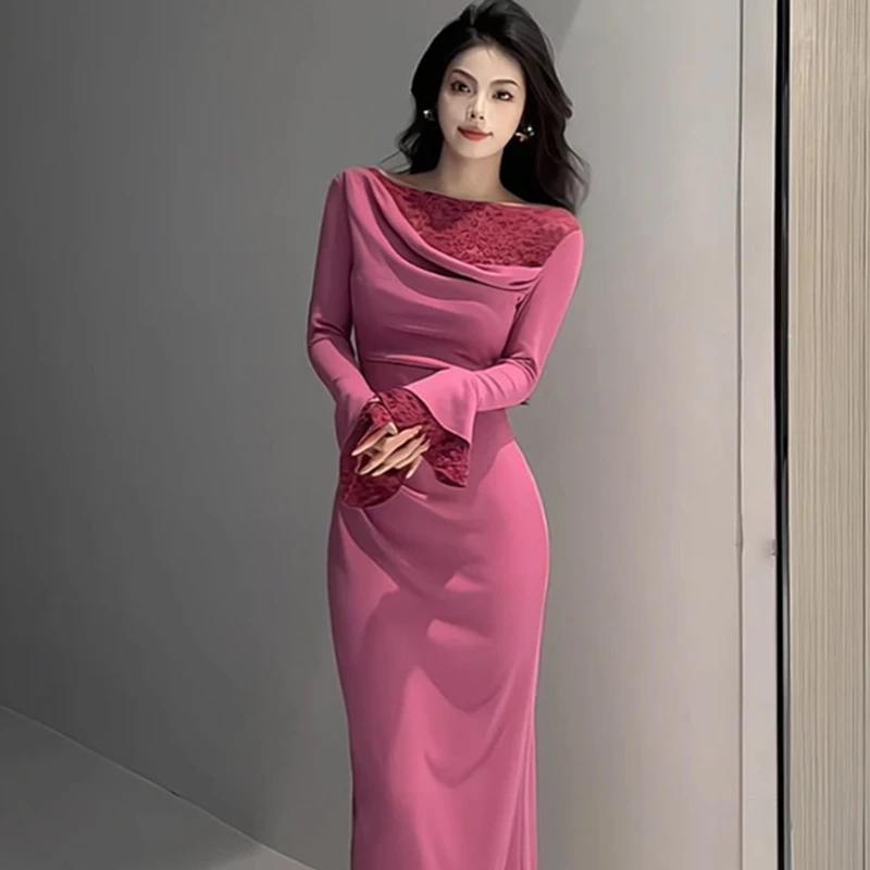 法式时尚长袖连衣裙高级感2025新款气质显瘦减龄过膝长裙子2385