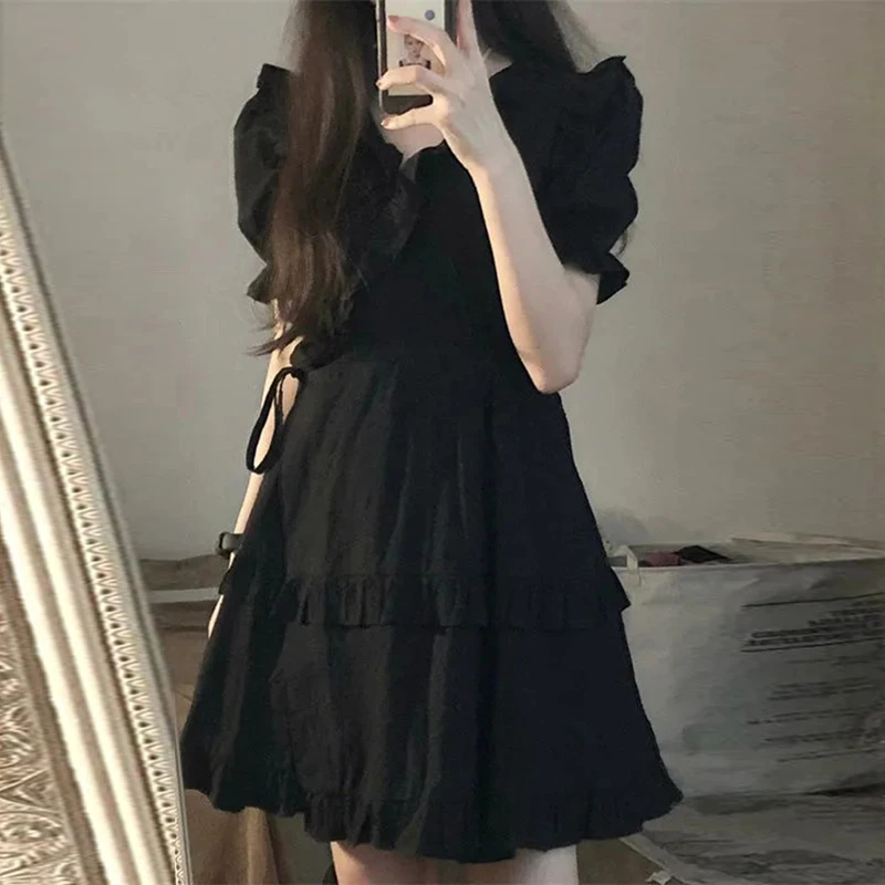 复古气质时装小黑裙木耳边娃娃领收腰显瘦连衣裙女黑色a字裙3131