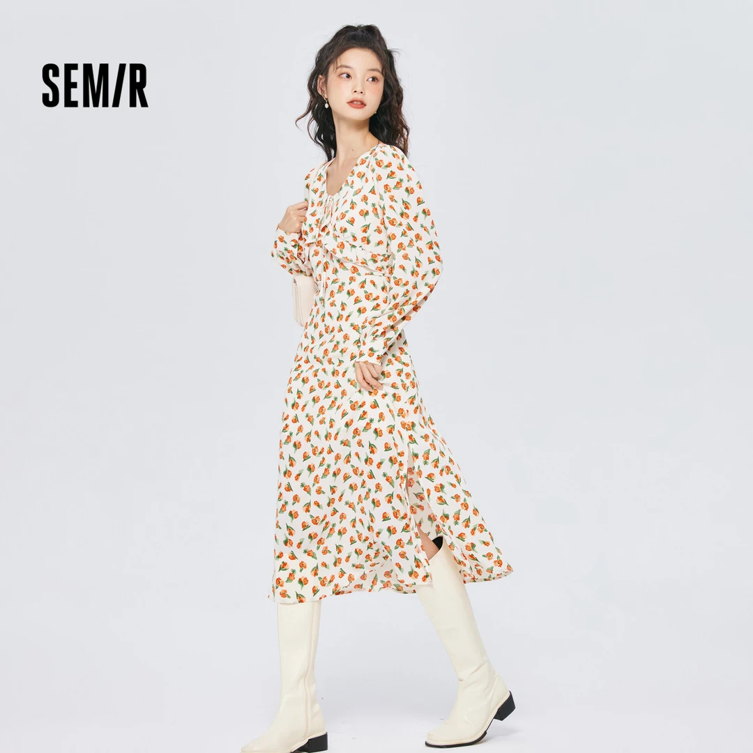 森马女连衣裙郁金香满印开叉优雅v领甜美森系碎花少女轻熟清新