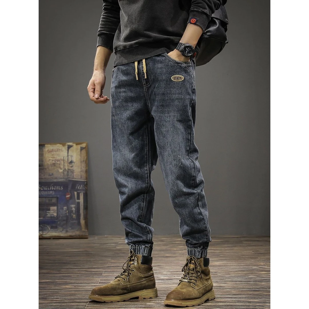 秋冬潮牌复古加绒哈伦牛仔裤男宽松潮流休闲大码运动束脚秋季长裤