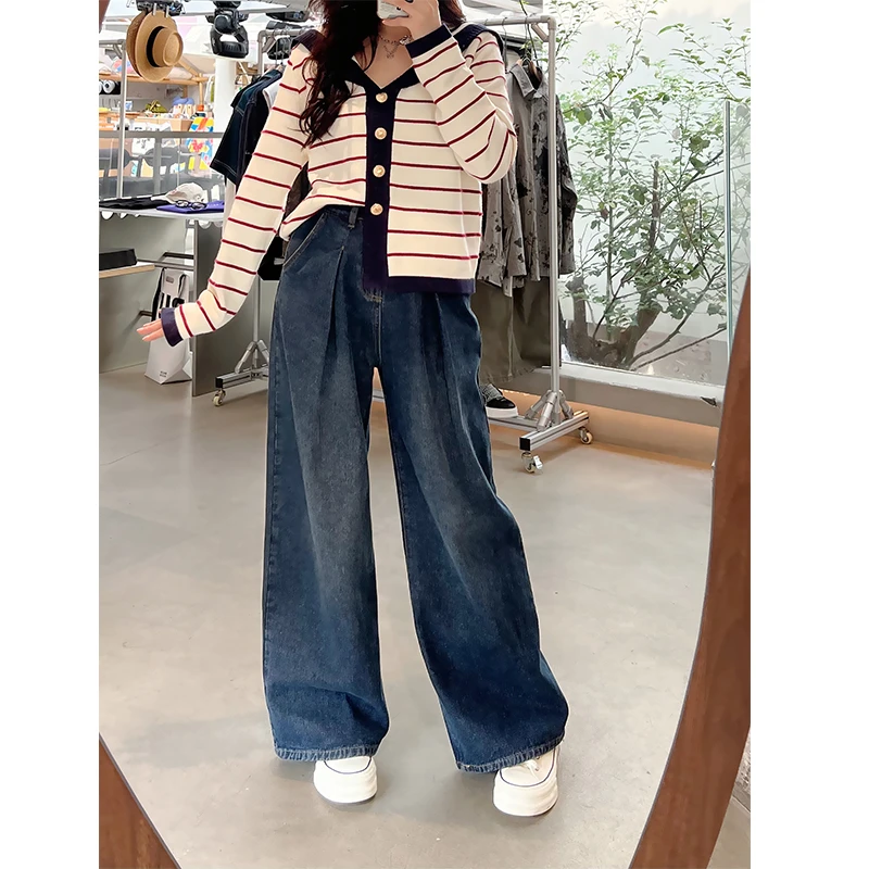 李潇洒微胖大码秋冬高腰休闲阔腿裤设计感女宽松显瘦百搭牛仔裤