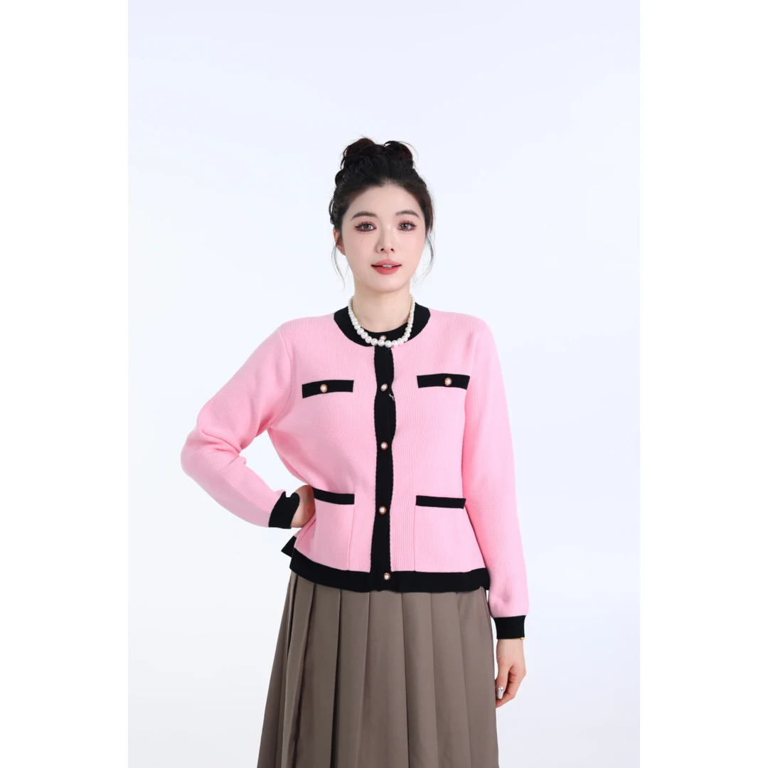 QC李潇洒 微胖大码圆领撞色小香风毛织开衫