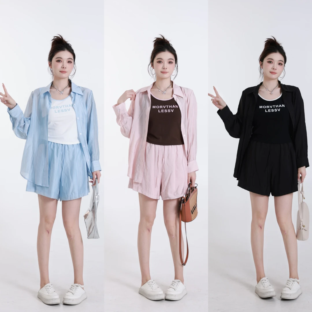 QC李潇洒【清氧时分】微胖大码女夏时尚长袖衬衫+背心+短裤XS404J81