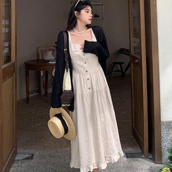 李潇洒微胖大码吊带连衣裙女夏季大码法式收腰显瘦背心长裙子