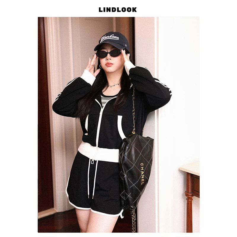 QC李潇洒【黑标系列】微胖大码运动卫衣套装女春休闲短裤直筒长裤子