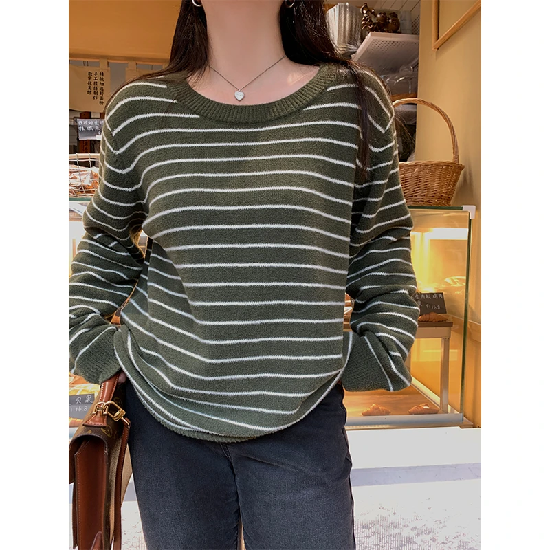 QC李潇洒微胖大码条纹圆领毛衣女秋冬长袖慵懒风宽松针织衫打底