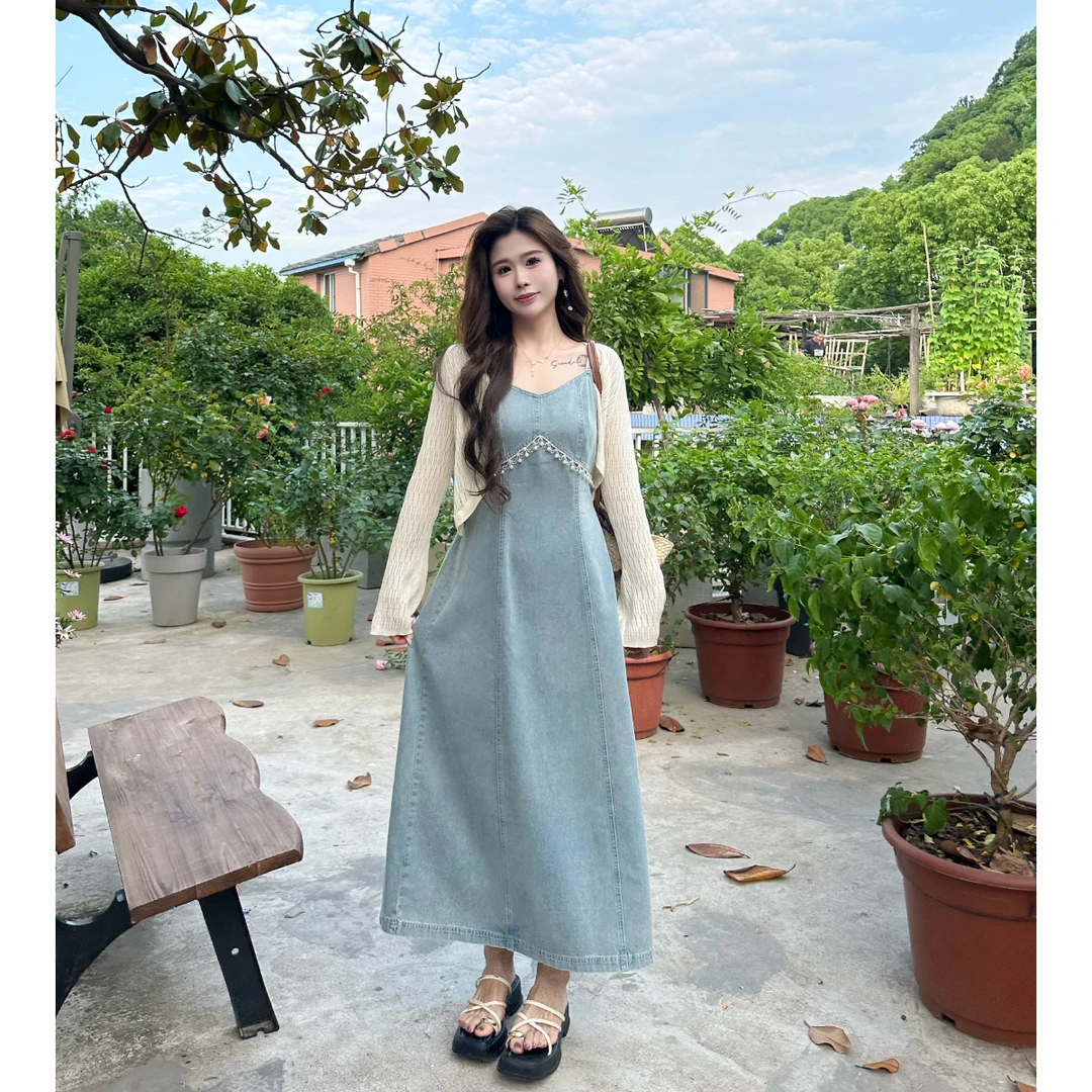 李潇洒【港岛之恋】微胖春夏高腰链饰复古水洗牛仔吊带A字裙*无开衫