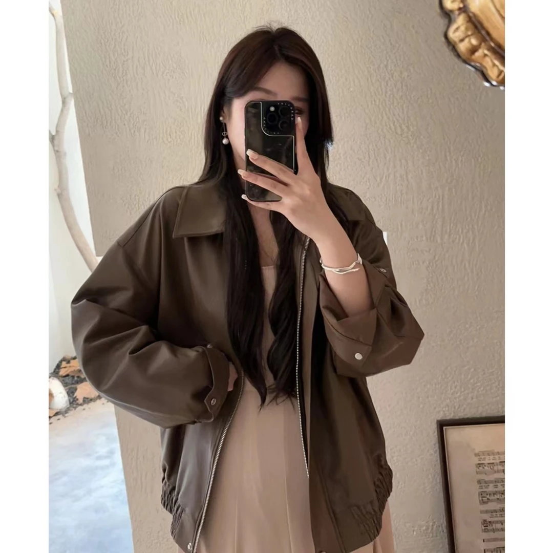 QC李潇洒微胖大码新款港风休闲翻领复古蝙蝠袖皮衣夹克XS308A56