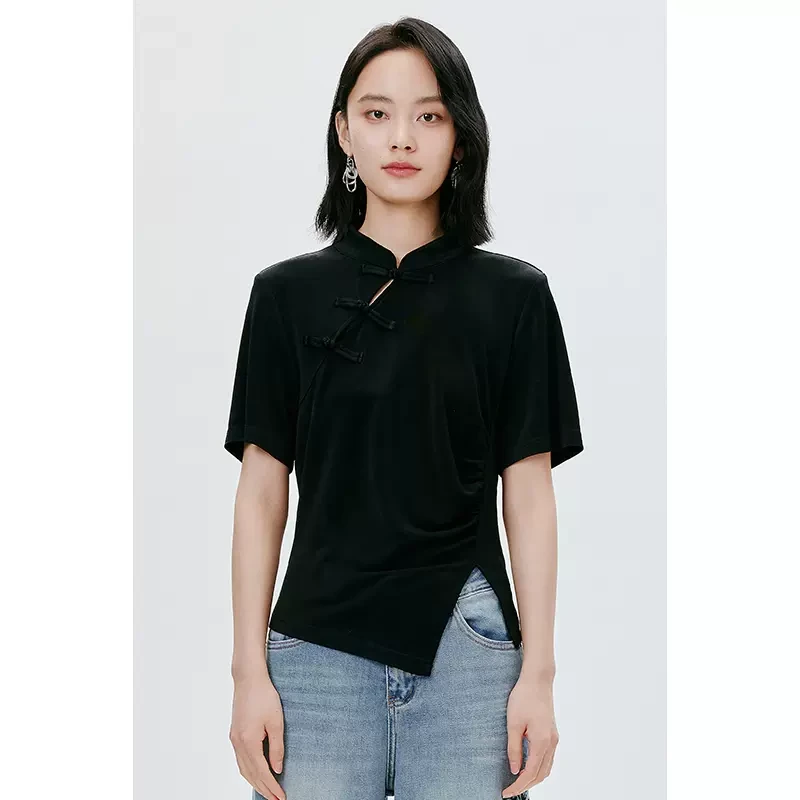 QC-微胖大码女装【黑标】开叉设计感复古t恤上衣女新款ZY403E37