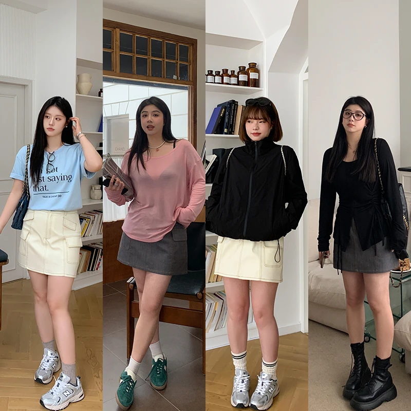 QC李潇洒微胖美式复古黑色直筒工装裤女早春季休闲a字包臀短裙