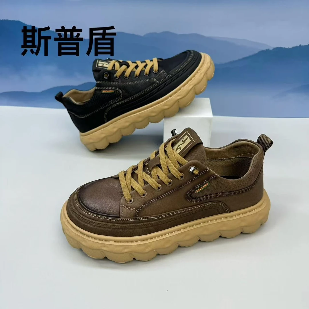 正品斯普盾新款头层牛皮男士百搭真皮厚底休闲皮鞋