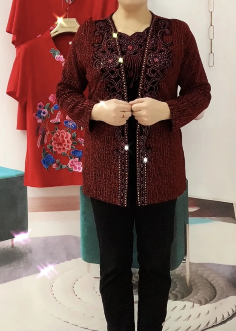 春秋款彩钻假两件妈妈装