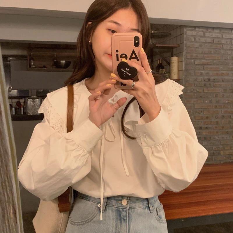 娃娃领睡衣女设计感小众法式甜美荷叶边衬衣春款2021新款白色ey