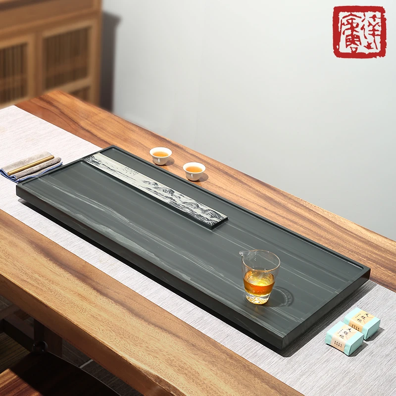 达庐皇庭玉茶盘影雕家用简约高档轻奢天然整块乌金石手工带排水