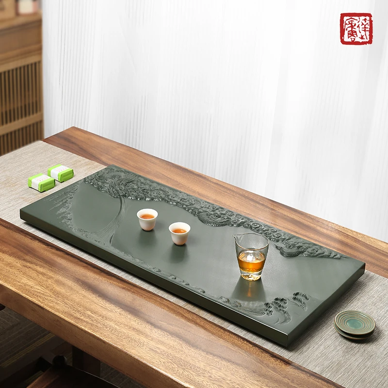 天然天罗绿茶乌金石盘高档手工雕刻茶盘新中式轻奢家用办公石茶台