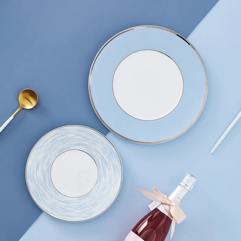 北欧风浅蓝深盘24cm北欧风浅蓝草帽盘28.4cm盘子家用创意简约zb