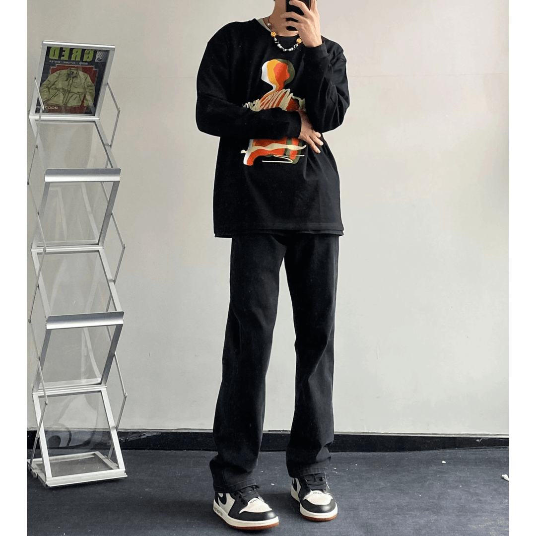 韶安 黑色直筒牛仔裤男秋季美式vibe高街微喇休闲裤潮牌ootd穿搭长裤子