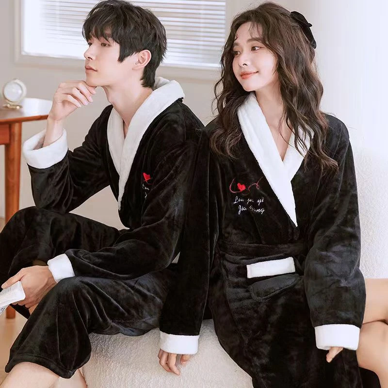 秋冬季情侣款冬天珊瑚绒保暖长袖浴袍冬款加绒长款法兰绒加厚睡袍