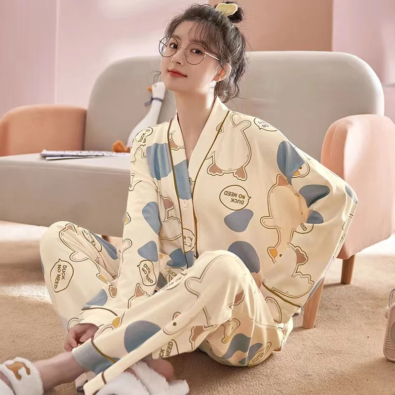 开衫睡衣女休闲宽松可爱女士睡衣春秋季长袖家居服两件套 春秋