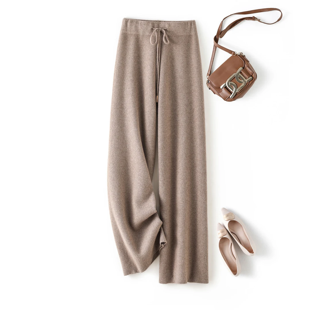 休闲保暖针织精品经典百搭羊绒女秋冬高腰开叉阔腿裤L864296D宽松