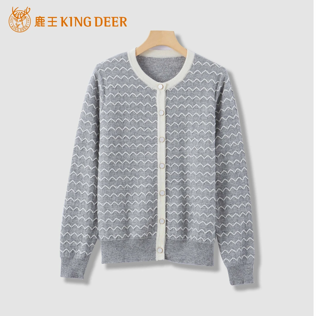 King Deer/鹿王23秋冬新品百搭长袖时尚休闲圆领羊绒开衫L80964