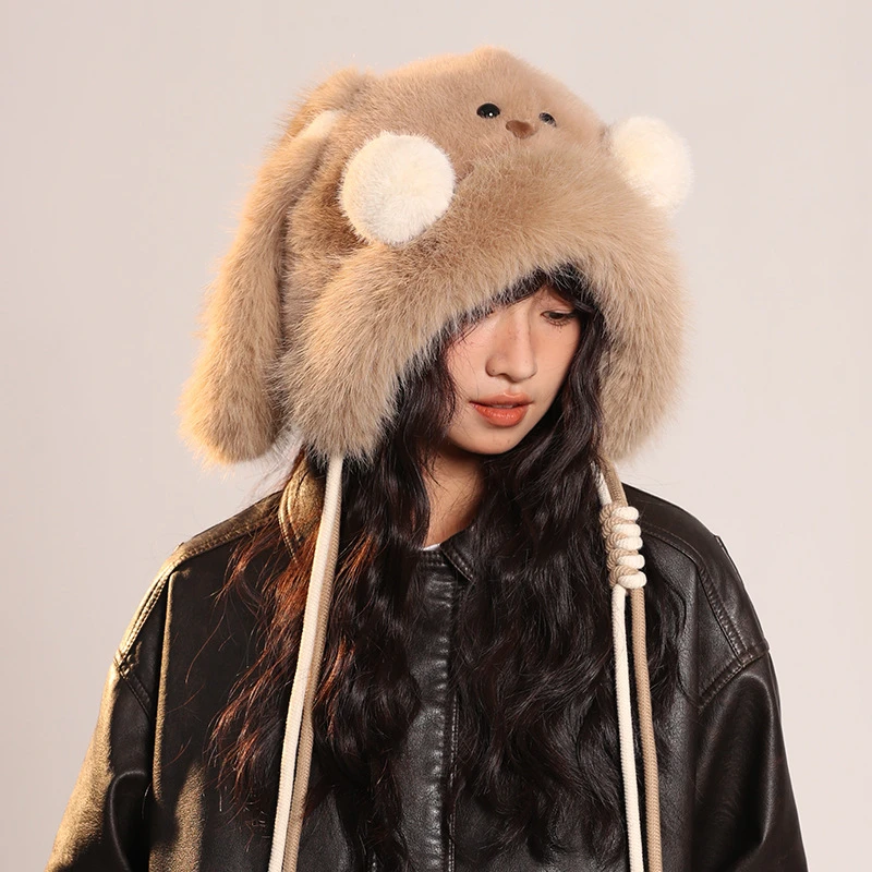 2024新款可爱长耳朵腮红兔毛绒帽子女秋冬款防寒保暖护耳帽雷锋帽