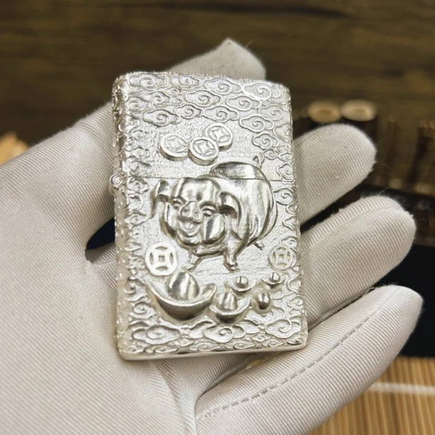 925银银制品 生肖猪+阿弥陀佛 超级盔甲纯银打火机（配机芯）