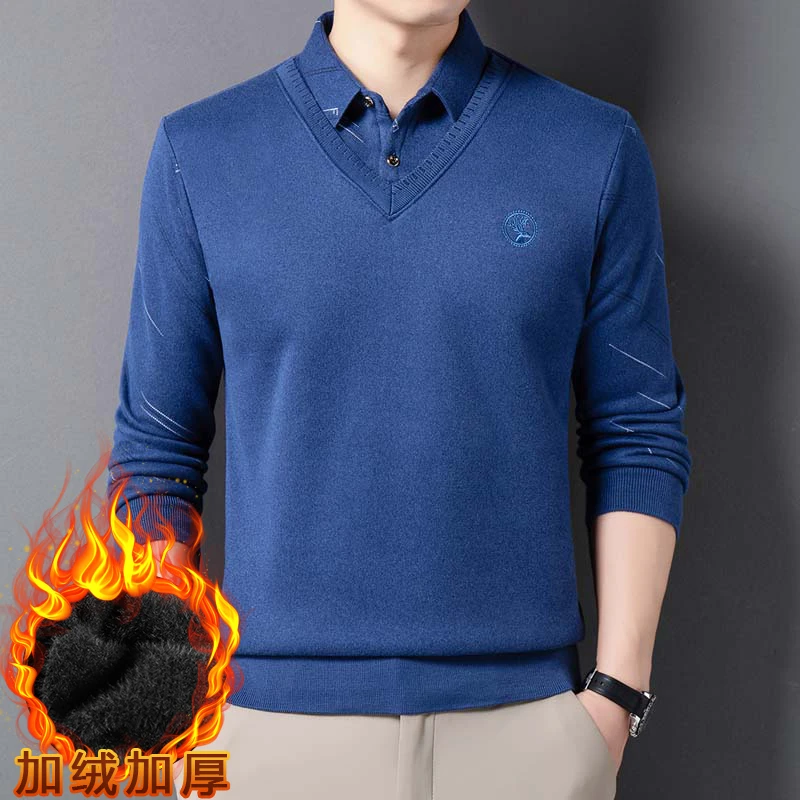 加绒加厚新款爸爸装假两件衬衫领针织衫毛衣打底衫纯色商务休闲