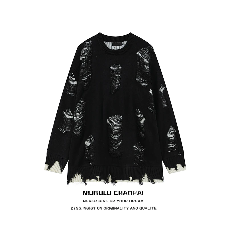 NIUGULU.23SS潮牌时尚宽松慵懒小众复古水洗假两件破洞做旧针织衫