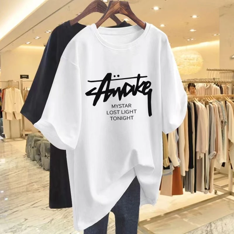 纯棉短袖t恤女2024夏季新款圆领韩版时尚洋气宽松大码潮流上衣T恤