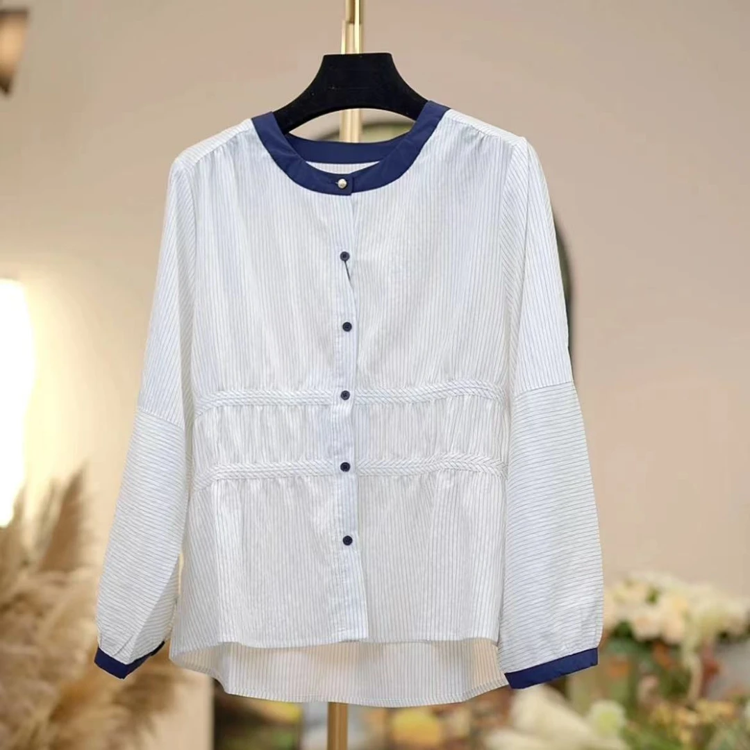 秋季条纹气质大码宽松收腰褶皱显瘦长袖衬衣圆领拼接设计感休闲