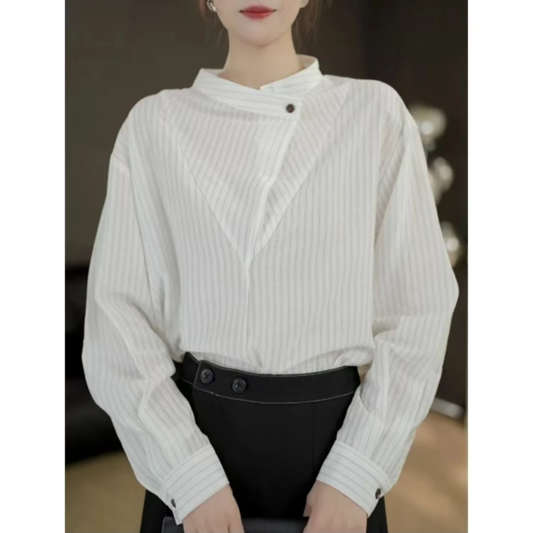 春秋时尚设计感定制轻奢气质条纹长袖衬衫宽松百搭上衣显瘦白色