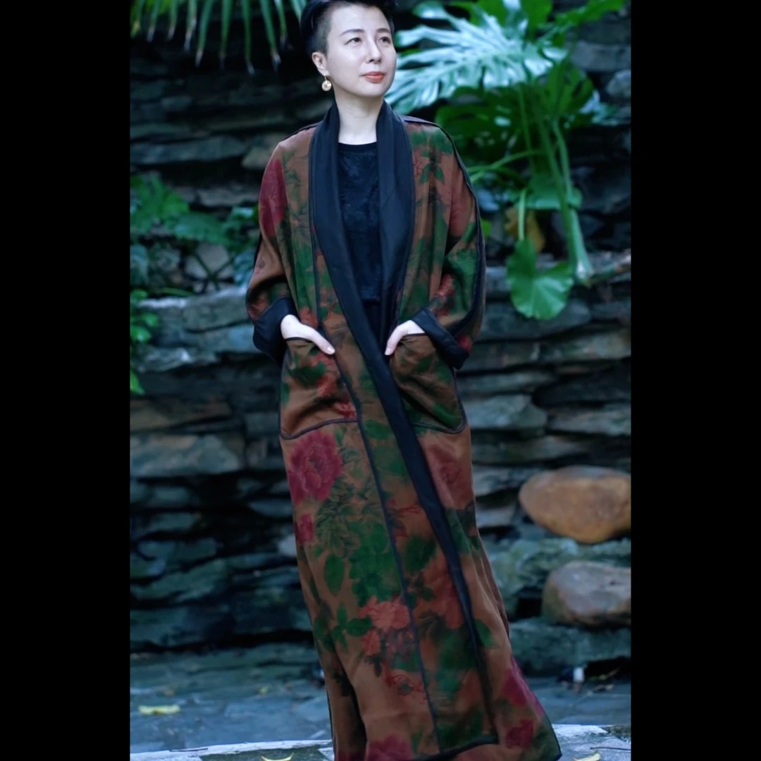 『灼华』复古中国风重缎香云纱两面穿长款外披深咖色风衣-A3Q5336