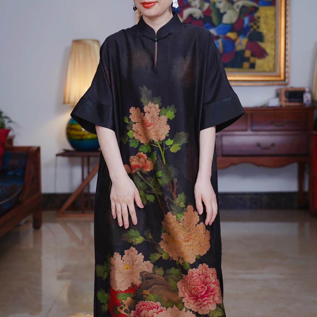 『翠羽吟』复古中式国风40姆香云纱定位花大气连衣裙-S2Q9161