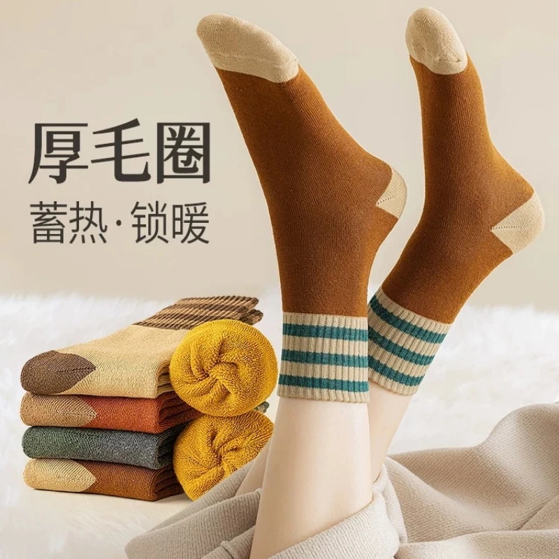 袜子女秋冬季加绒加厚中筒袜保暖条纹女士毛巾袜冬天长袜子毛圈袜