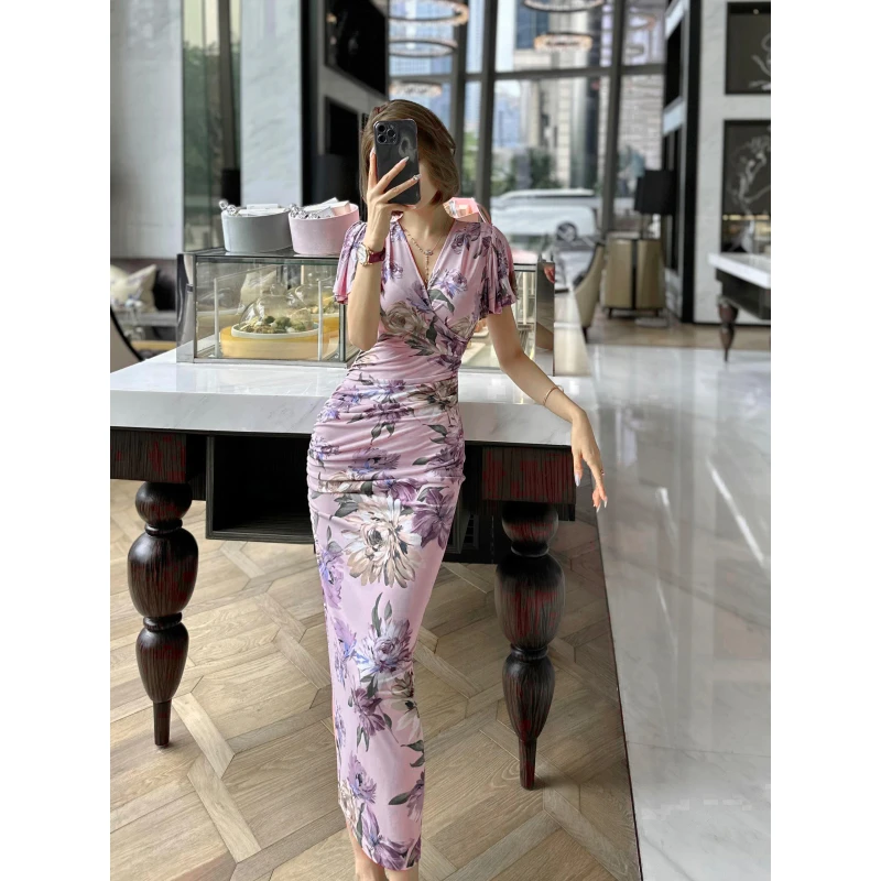 XULU原创欧洲高定水晶麻纱气质高腰显瘦褶皱飞飞袖交叉V领连衣裙