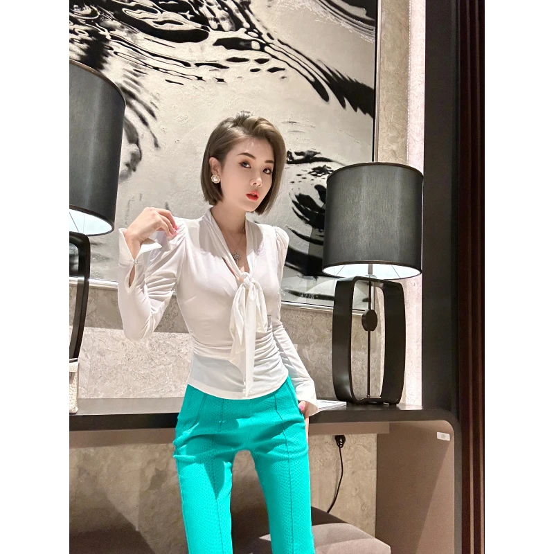 XULU原创高定纯色水晶麻纱系带时尚气质显身材灯笼袖V领打底上衣