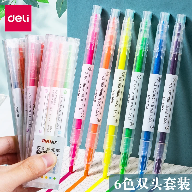 得力双头荧光笔荧光标记笔淡色系学生用无味糖果色记号笔划重点