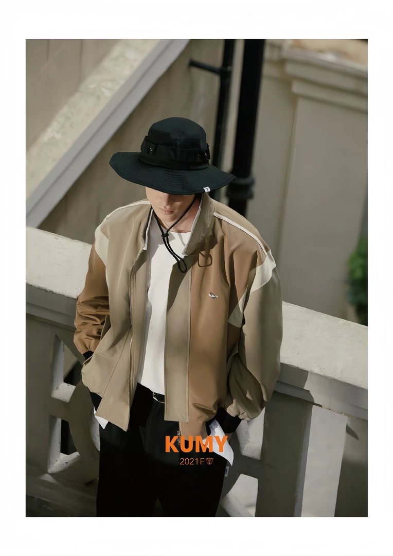 咖色运动休闲男宽松外套时尚拼色秋季百搭复古设计师休闲男外套