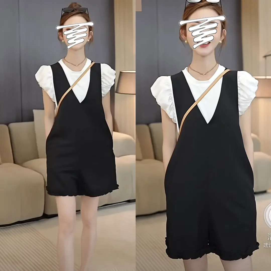 夏季小个子洋气穿搭一整套减龄花苞袖上衣荷叶边背带裤短裤D3005