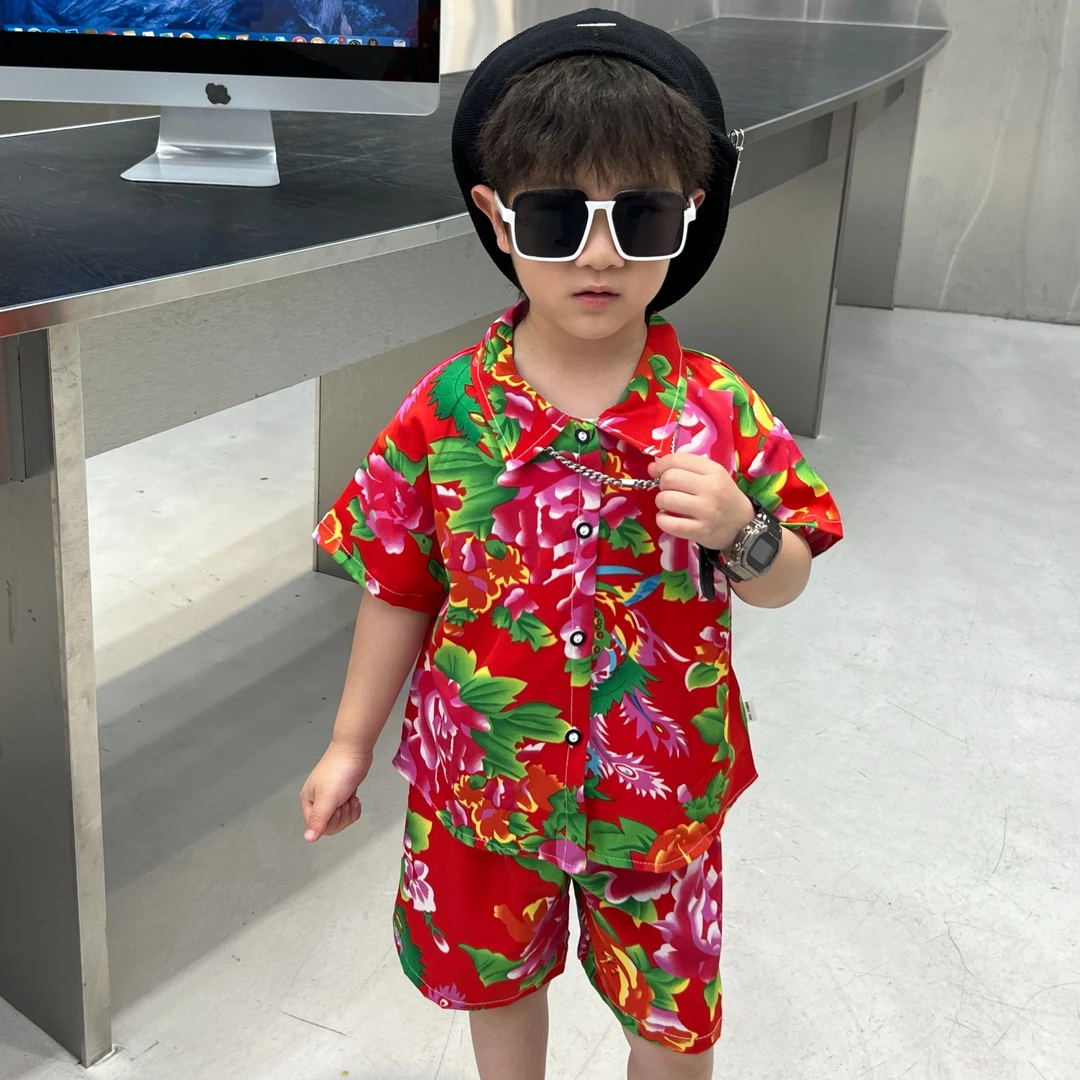 2024新款儿童夏季男童女童国风短袖衬衫短款套装汉服宽松碎花套装