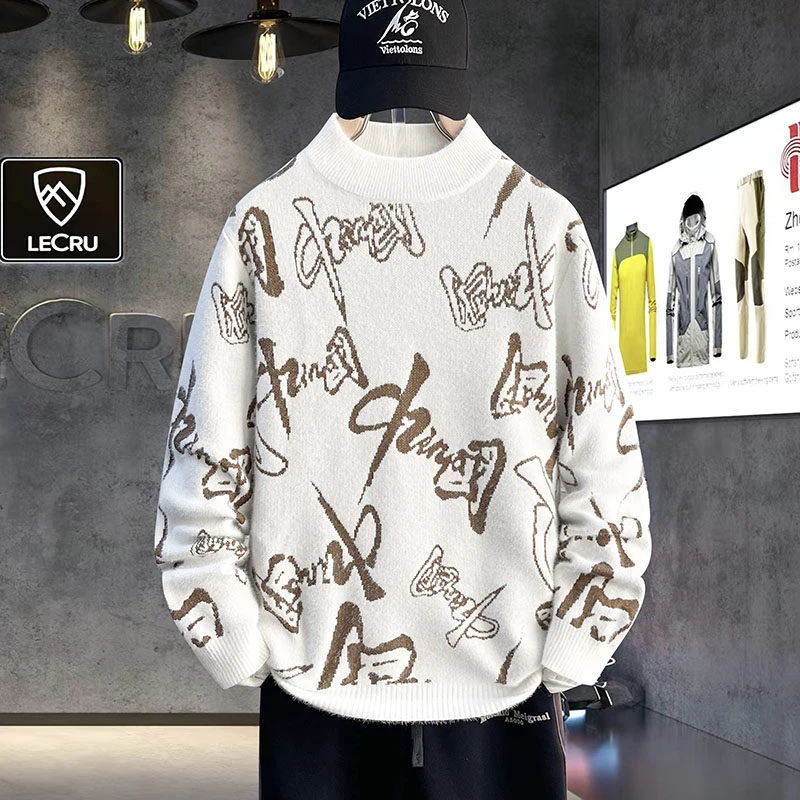 2024秋冬季国风仿水貂绒印花毛衣男士加厚半高领时尚针织衫潮2805