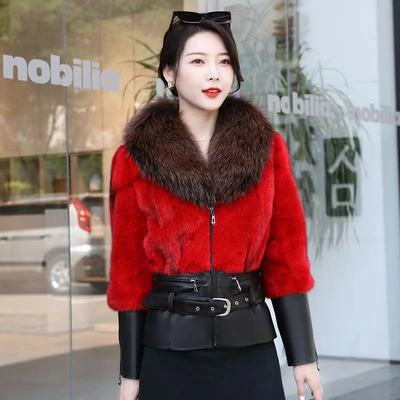 营城之恋新款进口貂皮大衣女水貂皮草外套十字貂短款狐狸毛领