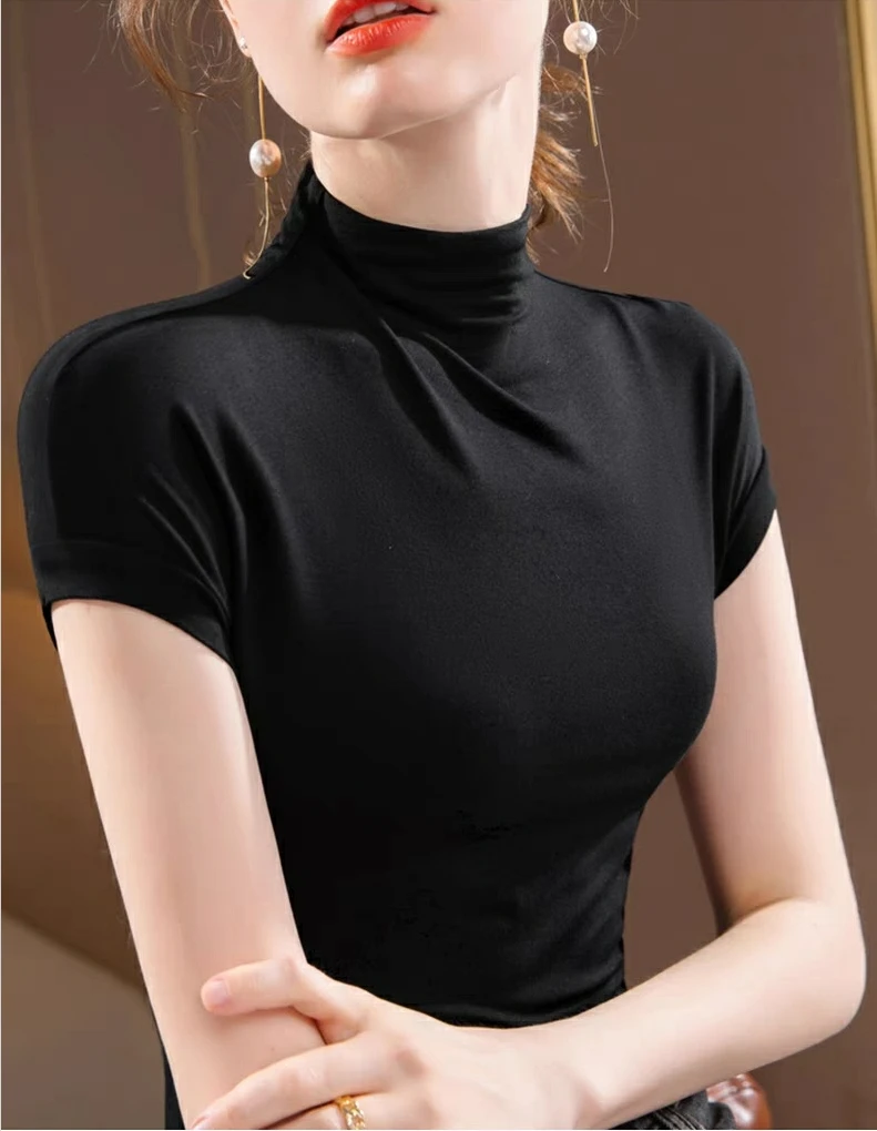 夏季新款流行半高领优雅气质小香T时尚百搭T恤短袖女性洋气显瘦