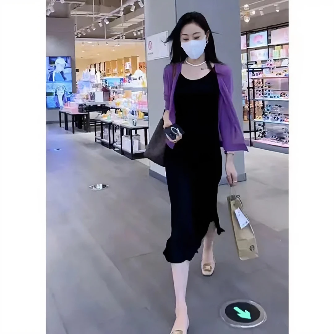 法式温柔风露肩针织长款小开叉吊带连衣裙防晒衫气质两件套显瘦